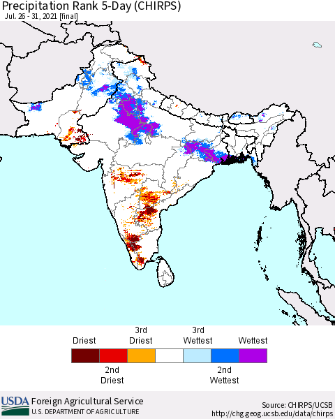 Southern Asia Precipitation Rank 5-Day (CHIRPS) Thematic Map For 7/26/2021 - 7/31/2021