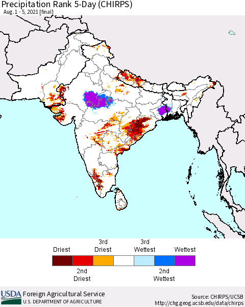 Southern Asia Precipitation Rank 5-Day (CHIRPS) Thematic Map For 8/1/2021 - 8/5/2021