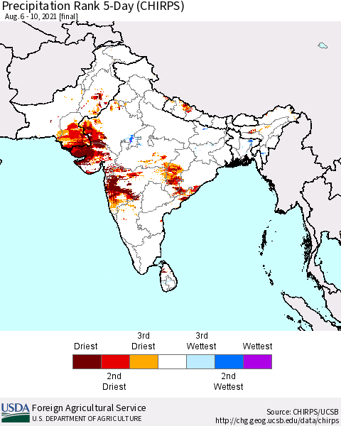 Southern Asia Precipitation Rank 5-Day (CHIRPS) Thematic Map For 8/6/2021 - 8/10/2021