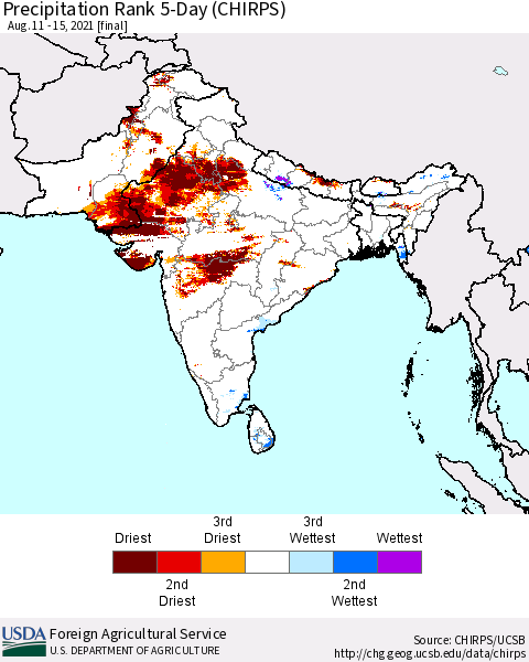 Southern Asia Precipitation Rank 5-Day (CHIRPS) Thematic Map For 8/11/2021 - 8/15/2021