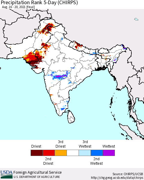 Southern Asia Precipitation Rank 5-Day (CHIRPS) Thematic Map For 8/16/2021 - 8/20/2021