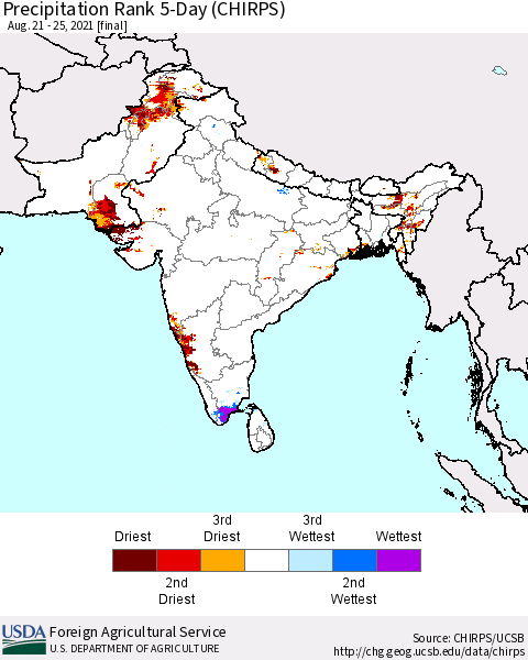 Southern Asia Precipitation Rank since 1981, 5-Day (CHIRPS) Thematic Map For 8/21/2021 - 8/25/2021