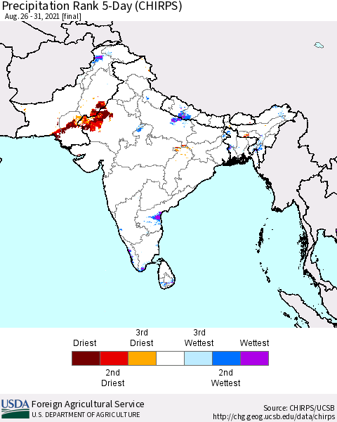 Southern Asia Precipitation Rank 5-Day (CHIRPS) Thematic Map For 8/26/2021 - 8/31/2021