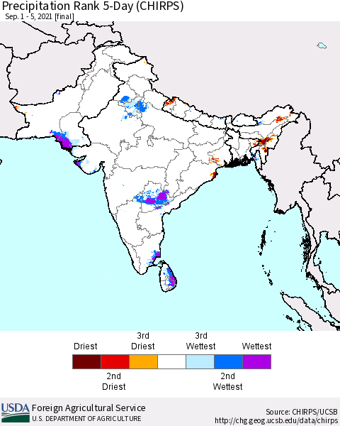 Southern Asia Precipitation Rank 5-Day (CHIRPS) Thematic Map For 9/1/2021 - 9/5/2021