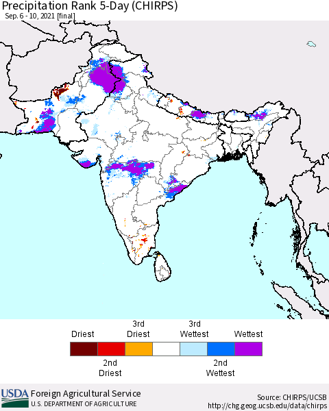 Southern Asia Precipitation Rank since 1981, 5-Day (CHIRPS) Thematic Map For 9/6/2021 - 9/10/2021