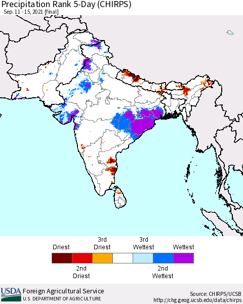 Southern Asia Precipitation Rank since 1981, 5-Day (CHIRPS) Thematic Map For 9/11/2021 - 9/15/2021