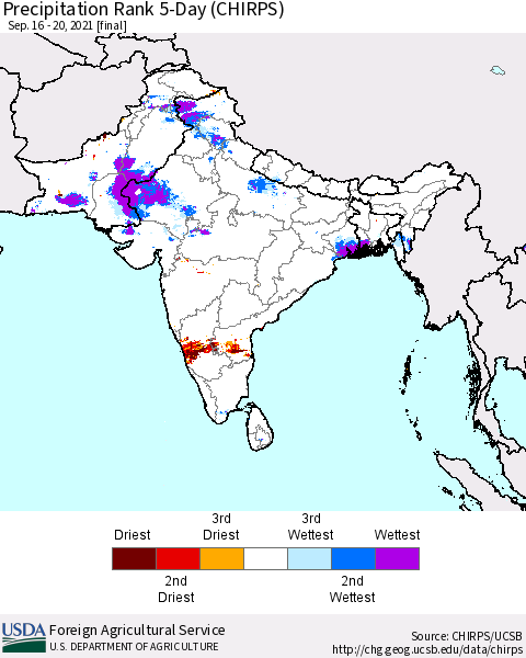 Southern Asia Precipitation Rank 5-Day (CHIRPS) Thematic Map For 9/16/2021 - 9/20/2021