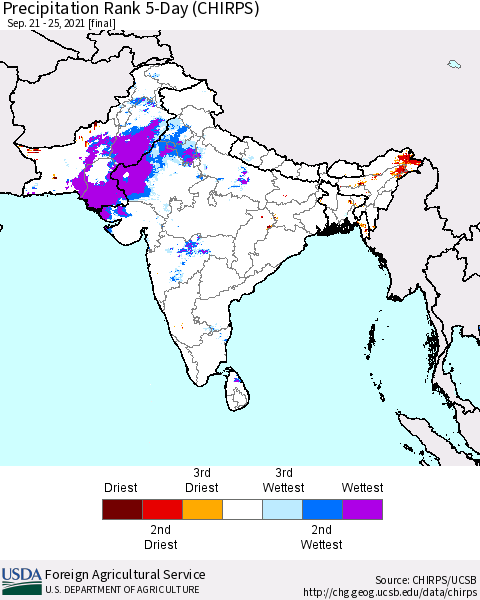 Southern Asia Precipitation Rank 5-Day (CHIRPS) Thematic Map For 9/21/2021 - 9/25/2021
