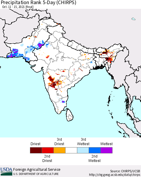 Southern Asia Precipitation Rank since 1981, 5-Day (CHIRPS) Thematic Map For 10/11/2021 - 10/15/2021