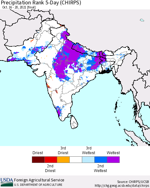 Southern Asia Precipitation Rank since 1981, 5-Day (CHIRPS) Thematic Map For 10/16/2021 - 10/20/2021