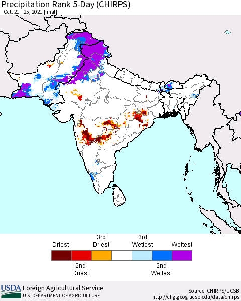 Southern Asia Precipitation Rank 5-Day (CHIRPS) Thematic Map For 10/21/2021 - 10/25/2021