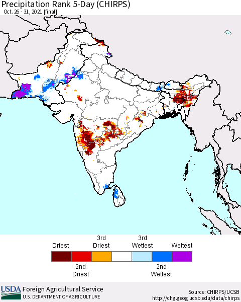 Southern Asia Precipitation Rank 5-Day (CHIRPS) Thematic Map For 10/26/2021 - 10/31/2021