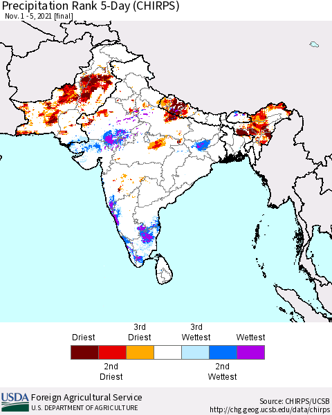 Southern Asia Precipitation Rank 5-Day (CHIRPS) Thematic Map For 11/1/2021 - 11/5/2021