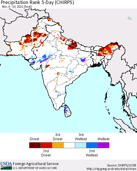Southern Asia Precipitation Rank 5-Day (CHIRPS) Thematic Map For 11/6/2021 - 11/10/2021