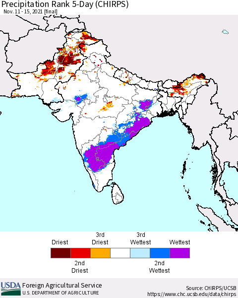 Southern Asia Precipitation Rank 5-Day (CHIRPS) Thematic Map For 11/11/2021 - 11/15/2021