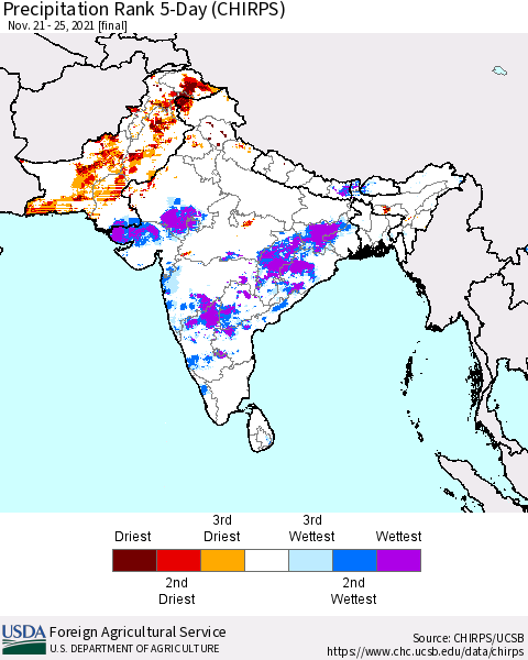 Southern Asia Precipitation Rank 5-Day (CHIRPS) Thematic Map For 11/21/2021 - 11/25/2021