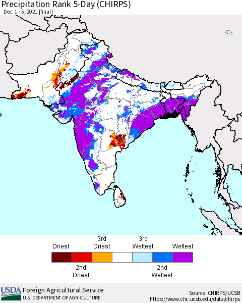Southern Asia Precipitation Rank 5-Day (CHIRPS) Thematic Map For 12/1/2021 - 12/5/2021