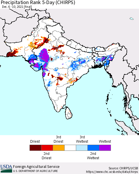 Southern Asia Precipitation Rank since 1981, 5-Day (CHIRPS) Thematic Map For 12/6/2021 - 12/10/2021