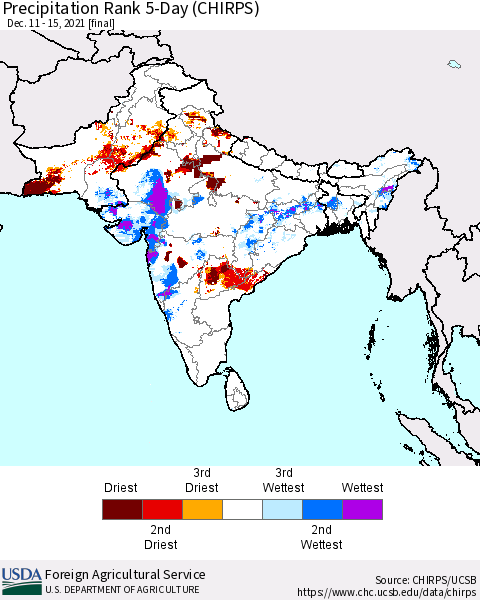Southern Asia Precipitation Rank 5-Day (CHIRPS) Thematic Map For 12/11/2021 - 12/15/2021