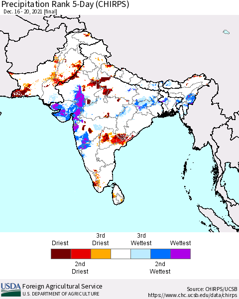 Southern Asia Precipitation Rank since 1981, 5-Day (CHIRPS) Thematic Map For 12/16/2021 - 12/20/2021