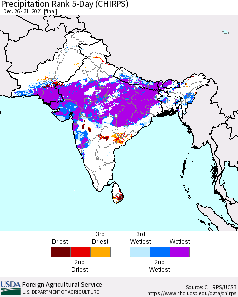 Southern Asia Precipitation Rank since 1981, 5-Day (CHIRPS) Thematic Map For 12/26/2021 - 12/31/2021