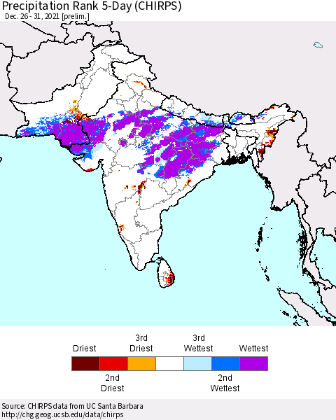 Southern Asia Precipitation Rank 5-Day (CHIRPS) Thematic Map For 12/26/2021 - 12/31/2021