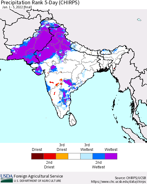 Southern Asia Precipitation Rank 5-Day (CHIRPS) Thematic Map For 1/1/2022 - 1/5/2022