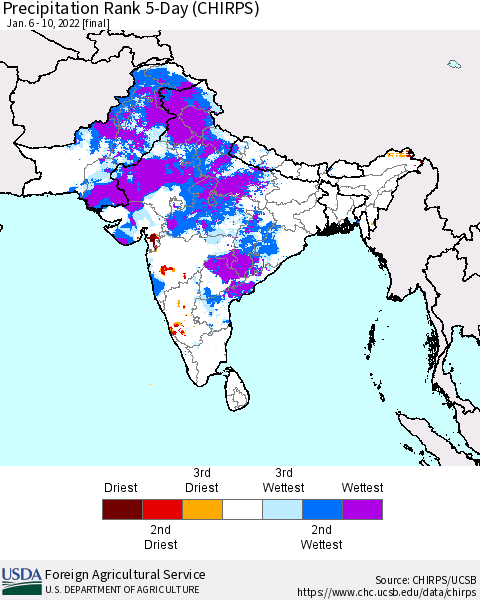 Southern Asia Precipitation Rank 5-Day (CHIRPS) Thematic Map For 1/6/2022 - 1/10/2022