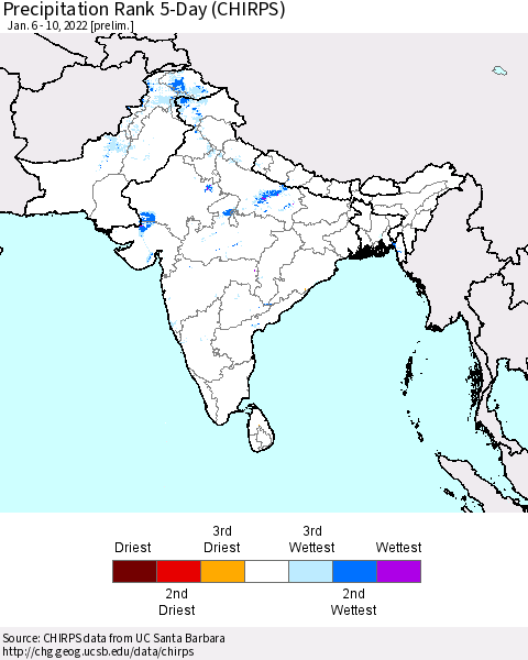 Southern Asia Precipitation Rank 5-Day (CHIRPS) Thematic Map For 1/6/2022 - 1/10/2022
