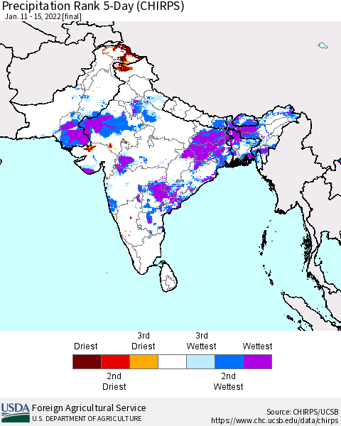 Southern Asia Precipitation Rank 5-Day (CHIRPS) Thematic Map For 1/11/2022 - 1/15/2022