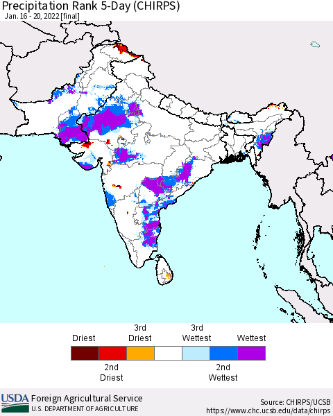 Southern Asia Precipitation Rank 5-Day (CHIRPS) Thematic Map For 1/16/2022 - 1/20/2022