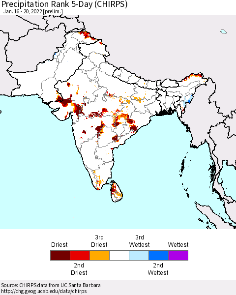 Southern Asia Precipitation Rank 5-Day (CHIRPS) Thematic Map For 1/16/2022 - 1/20/2022