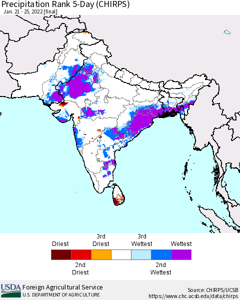 Southern Asia Precipitation Rank 5-Day (CHIRPS) Thematic Map For 1/21/2022 - 1/25/2022