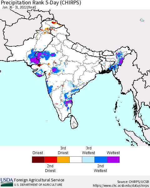 Southern Asia Precipitation Rank since 1981, 5-Day (CHIRPS) Thematic Map For 1/26/2022 - 1/31/2022