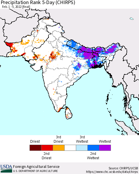 Southern Asia Precipitation Rank 5-Day (CHIRPS) Thematic Map For 2/1/2022 - 2/5/2022