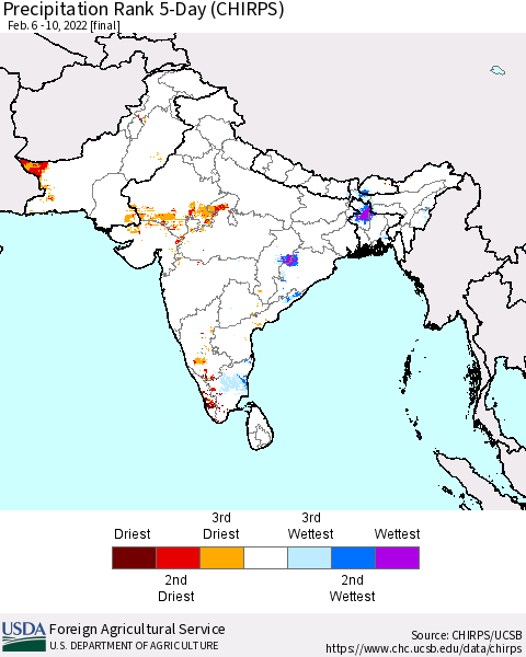 Southern Asia Precipitation Rank 5-Day (CHIRPS) Thematic Map For 2/6/2022 - 2/10/2022