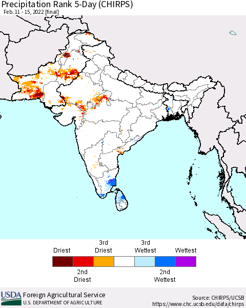 Southern Asia Precipitation Rank 5-Day (CHIRPS) Thematic Map For 2/11/2022 - 2/15/2022