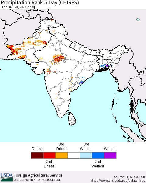 Southern Asia Precipitation Rank since 1981, 5-Day (CHIRPS) Thematic Map For 2/16/2022 - 2/20/2022