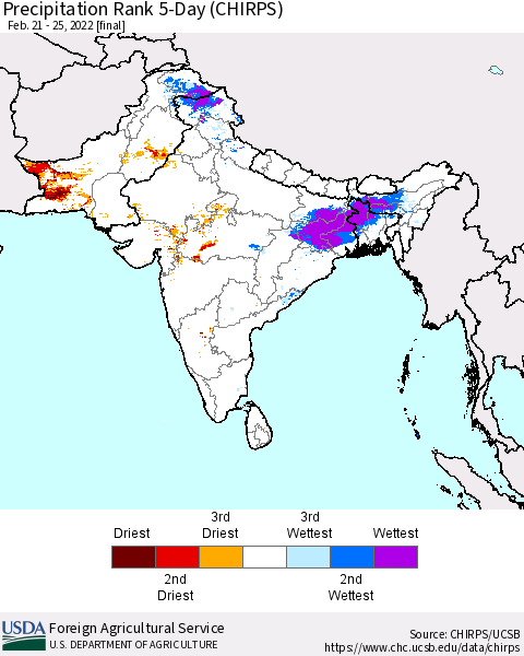 Southern Asia Precipitation Rank since 1981, 5-Day (CHIRPS) Thematic Map For 2/21/2022 - 2/25/2022
