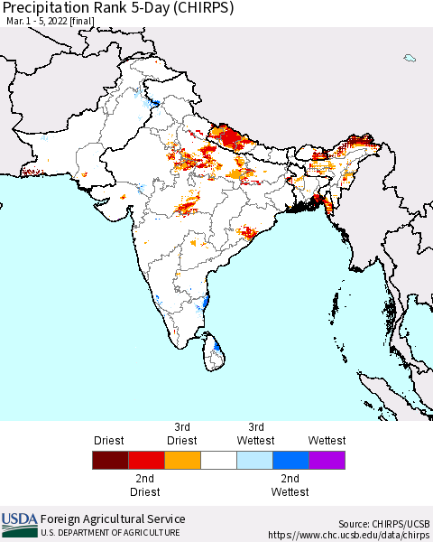 Southern Asia Precipitation Rank 5-Day (CHIRPS) Thematic Map For 3/1/2022 - 3/5/2022