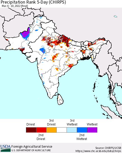 Southern Asia Precipitation Rank 5-Day (CHIRPS) Thematic Map For 3/6/2022 - 3/10/2022