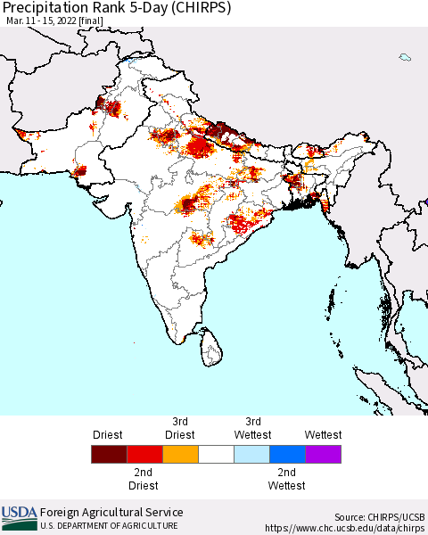 Southern Asia Precipitation Rank 5-Day (CHIRPS) Thematic Map For 3/11/2022 - 3/15/2022