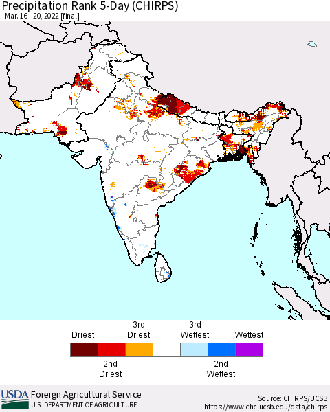 Southern Asia Precipitation Rank 5-Day (CHIRPS) Thematic Map For 3/16/2022 - 3/20/2022