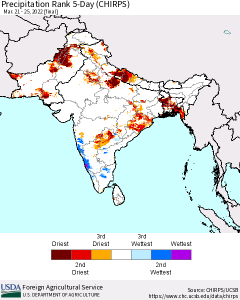 Southern Asia Precipitation Rank 5-Day (CHIRPS) Thematic Map For 3/21/2022 - 3/25/2022