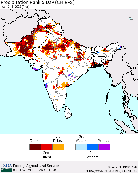 Southern Asia Precipitation Rank 5-Day (CHIRPS) Thematic Map For 4/1/2022 - 4/5/2022