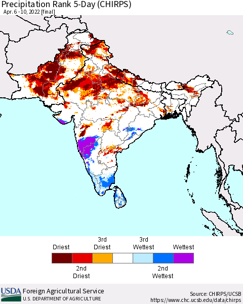 Southern Asia Precipitation Rank 5-Day (CHIRPS) Thematic Map For 4/6/2022 - 4/10/2022