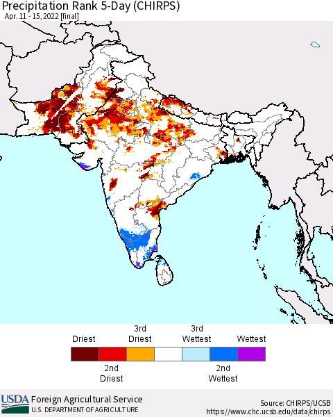 Southern Asia Precipitation Rank 5-Day (CHIRPS) Thematic Map For 4/11/2022 - 4/15/2022