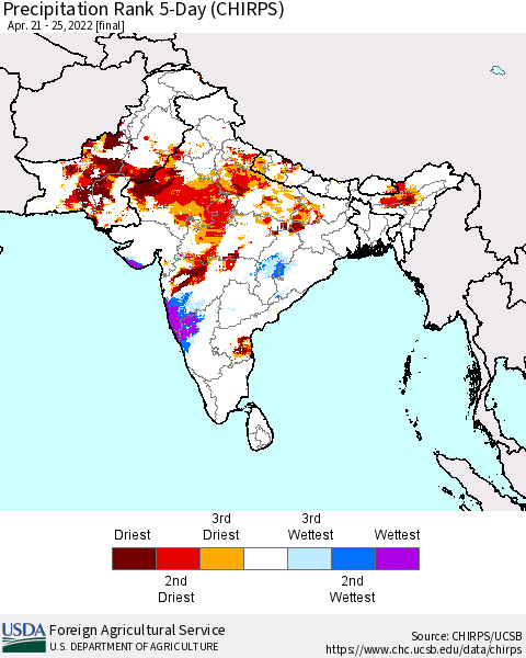 Southern Asia Precipitation Rank since 1981, 5-Day (CHIRPS) Thematic Map For 4/21/2022 - 4/25/2022