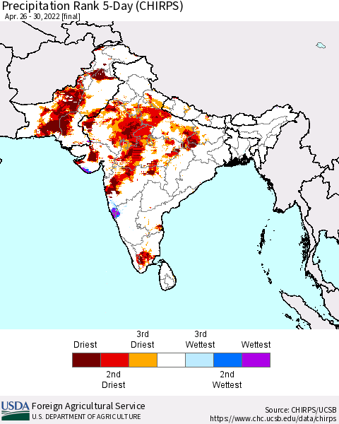 Southern Asia Precipitation Rank 5-Day (CHIRPS) Thematic Map For 4/26/2022 - 4/30/2022
