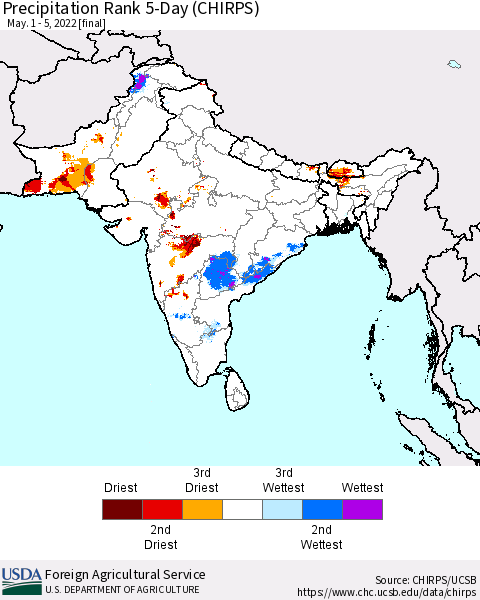 Southern Asia Precipitation Rank since 1981, 5-Day (CHIRPS) Thematic Map For 5/1/2022 - 5/5/2022
